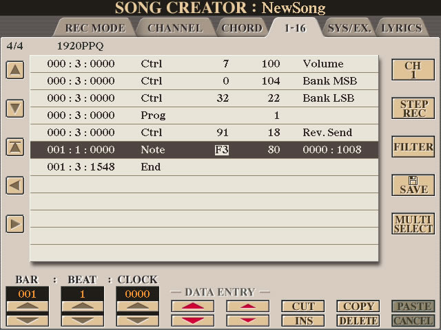 Tyros5 Song Creator tab 1-16